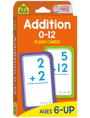 School Zone - Addition 0-12 Flash Cards - Ages 6 and Up, 1st Grade, 2nd Grade, Numbers 0-12, Math, Problem Solving, Addition Problems, Counting, and More