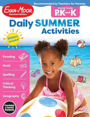 Evan-Moor Daily Summer Activities, Grades PreK-K Workbook, Stickers, Prevent Learning Loss, Reading, Writing, Math, Alphabet, Letter Recognition, Numbers, Counting, Shapes, Colors, Learning Fun