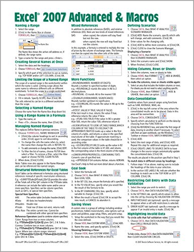 Microsoft Excel 2007 Advanced & Macros Quick Reference Guide (Cheat Sheet of Instructions, Tips & Shortcuts - Laminated Card)