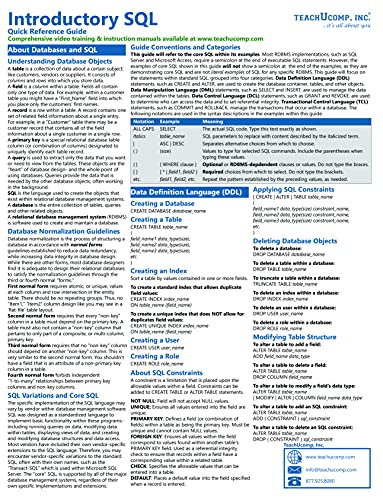 Introductory SQL Quick Reference Training Card - Laminated Tutorial Guide Cheat Sheet (Instructions and Tips)