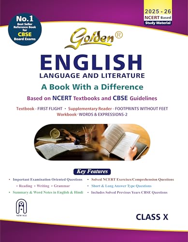 Golden English Language and Literature Study Material Based on NCERT First Flight and Footprints without Feet for Class-10 | For CBSE 2026 Board Exams | Solved NCERT Exercises | Previous Board Paper