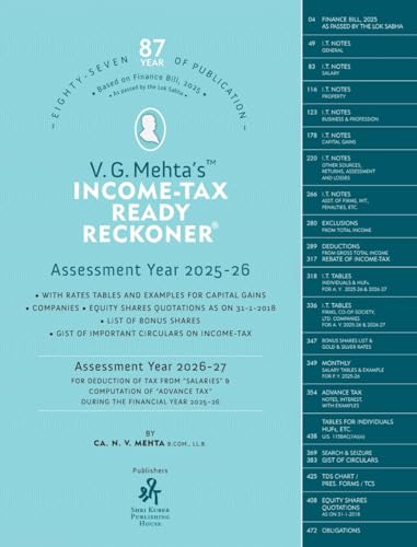 V.G.Mehta's Income Tax Ready Reckoner (DTRR) - AYs 2025-26 & 2026-27 - 87th 2025 Edition - Shri Kuber Publishing House