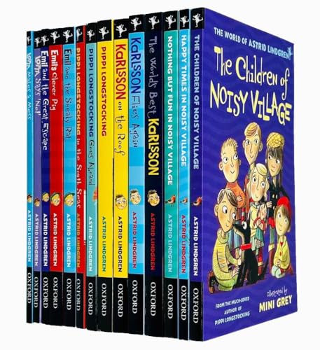 Astrid Lindgren 14 Books Collection Set (The Children of Noisy Village, Happy Times,Nothing but Fun, The World's Best Karlsson,Flies Again,on the Roof,Pippi Longstocking,Emil's Clever Pig & More)