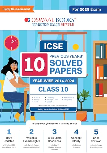 Oswaal ICSE 10 Previous Year Solved Papers Class 10 | Year-Wise 2014-2024 | Physics, Chemistry, Maths, Biology, History And Civics, Geography, Hindi, English 1 | For 2025 Board Exam [Paperback] Oswaal Editorial Board
