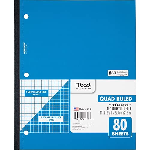 Mead Bloc-notes, sans fil, 1 sujet, quadrillé, 21,6 x 27,9 cm, 80 feuilles, carnet de notes, couleurs assorties, couleurs variées (06497)