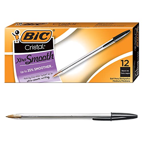BIC Cristal Extra Smooth Black Ballpoint Pens, Medium Point (1.0 mm), 12-Count Box, Extra Smooth and Reliable Ballpoint Pens