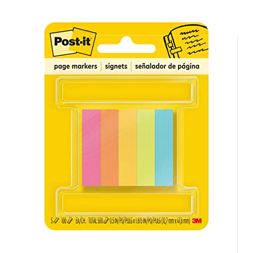 Post-It Page Markers - 0.5 inch x 2 inch, 100 Sheets Pack of 5 Pads, Neon Multi Color