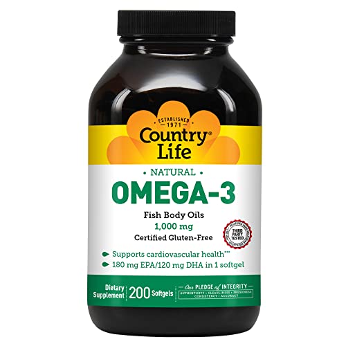 Country Life Omega-3 Fish Oil Supplement, 1000mg, 180mg EPA & 120mg DHA, Fish Oil Concentrate, Burpless, 200 Softgels, Certified Gluten Free