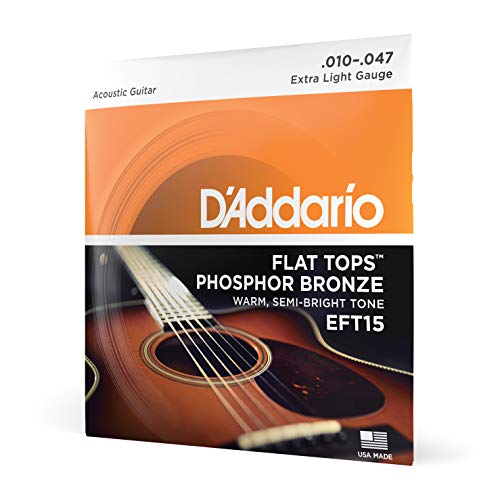 D'Addario Flat Tops Acoustic Guitar Strings, Phosphor Bronze Coated, EFT15, Extra Light Gauge 10-47, 6-String Set, Pack of 1