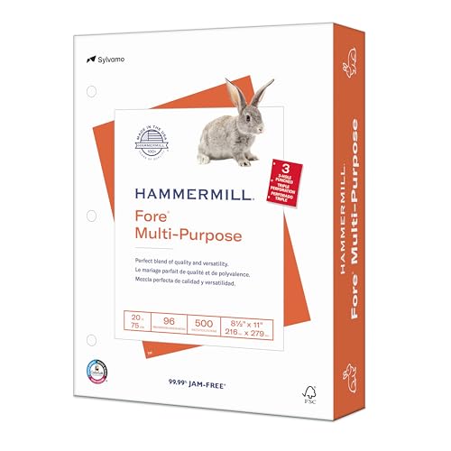 Hammermill Printer Paper, Fore Multipurpose 20 lb Copy Paper, 3 Hole - 1 Ream (500 Sheets) - 96 Bright, Made in The USA