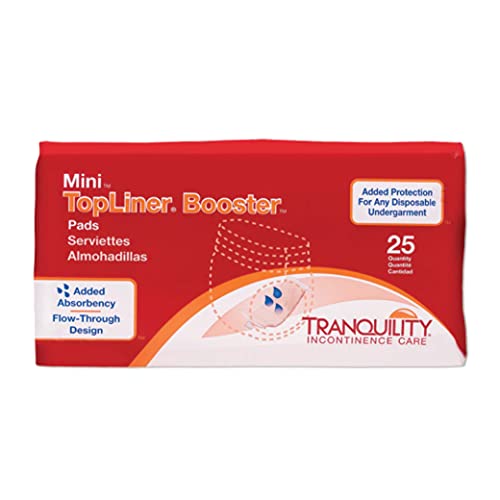 Tranquility TopLiner Disposable Booster Pads, Mini (10.5" x 2.75"), Flow-Through Design with Adhesive Strip for Max Absorption, Adult Unisex, 25ct Bag