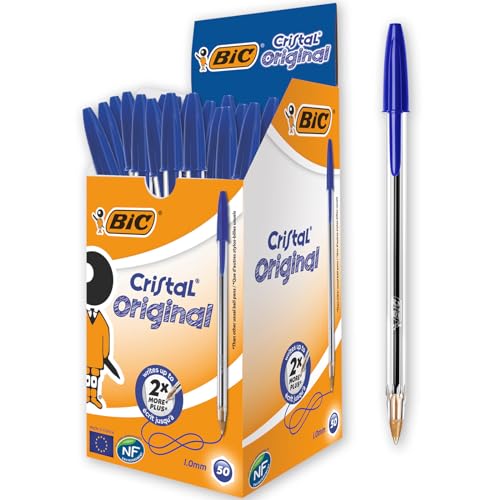 BIC Kugelschreiber Cristal Original, in Blau, Strichstärke 0,4 mm, 50er Pack, Ideal für das Büro, das Home Office oder die Schule