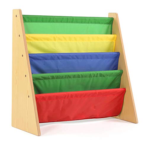 Humble Crew 4-Tier Kids Bookshelf, Natural Wood/Primary - Premium Book Shelf for Kids Rooms with Four Deep Pockets - Toddler Sling Book Rack with Deep Sleeves, Nursery Bookcase Organizer