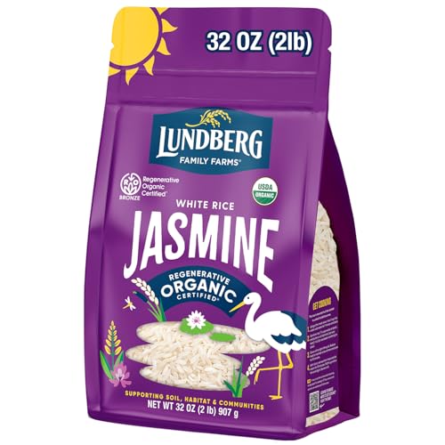 Lundberg Jasmine Rice, Regenerative Organic Certified – Non-Sticky, Aromatic Long-Grain White Rice, Responsibly Grown in California, 32 Oz