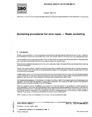 ISO/TR 7596:1982, Socketing procedures for wire ropes - Resin socketing