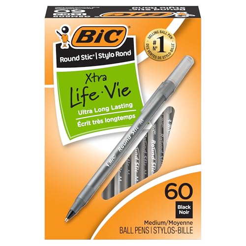 BIC Round Stic Extra Life Black Ballpoint Pens, Medium Point (1.0mm), 60-Count Pack of Bulk Pens, No. 1 Selling Ballpoint Pens