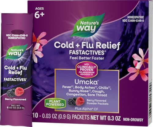 Nature's Way Cold + Flu Relief FastActives, Umcka, Homeopathic, Fever, Sore Throat, Cough, Congestion, Body Aches, Phenylephrine Free, Non-Drowsy, Berry Flavored, 10 Packets (Packaging May Vary)