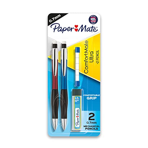 Paper Mate Comfort Mate Ultra Mechanical Pencils, HB #2 Lead (0.7 mm), Assorted Colours, 2 Pencils, 1 Lead Refill Set, 5 Erasers
