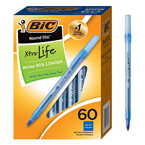 BIC Round Stic Extra Life Ballpoint Pens, Medium Point (1.0mm), Blue, 60-Count Pack, Flexible Round Barrel For Writing Comfort, Blue, 60-Count (Pack of 1)