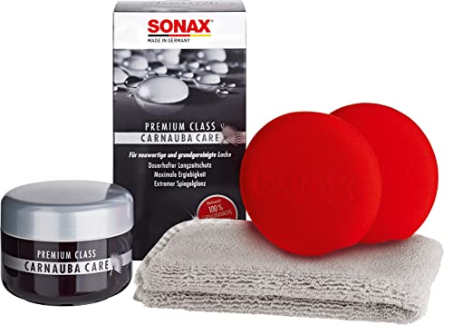 SONAX PREMIUM CLASS Carnauba Care (200 ml) Hartwachs für alle neuen und grundgereinigten Lacke inkl. 2x Schwamm und 1x MicrofaserTuch | Art-Nr. 02112000