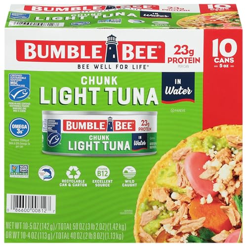 Bumble Bee Chunk Light Tuna In Water, 5 oz Cans (Pack of 10) - Wild Caught Skipjack Tuna - 23g Protein Per Serving - MSC Certified Sustainable Seafood, Non-GMO, Gluten Free, Kosher