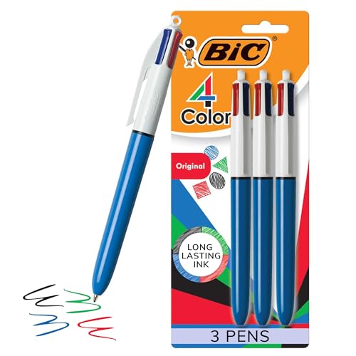 BIC 4-Color Ballpoint Pen, Medium Point (1.0mm), 4 Colors in 1 Set of Multicolour Pens, 3-Count Pack of Refillable Pens for Journaling and Organizing