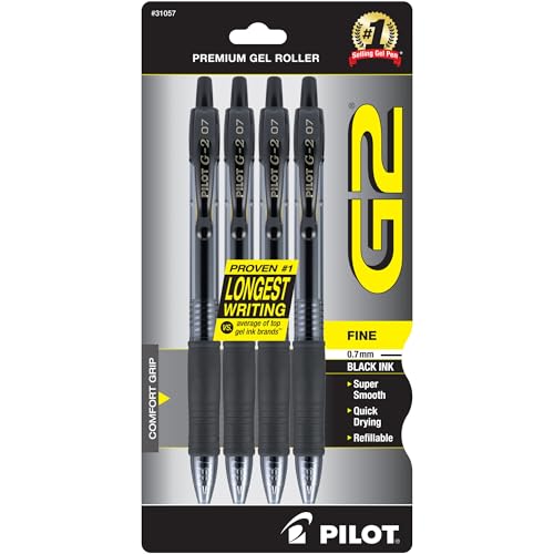 Pilot, G2 Premium Gel Roller Pens, Fine Point 0.7 mm, Black, Pack of 4