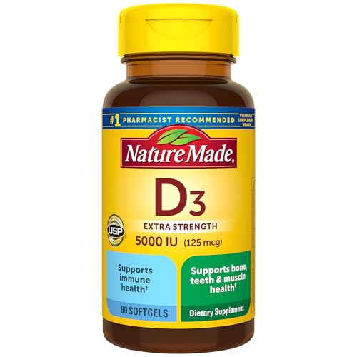 Nature Made Extra Strength Vitamin D3 5000 IU (125 mcg), Dietary Supplement for Bone, Teeth, Muscle and Immune Health Support, 90 Softgels, 90 Day Supply
