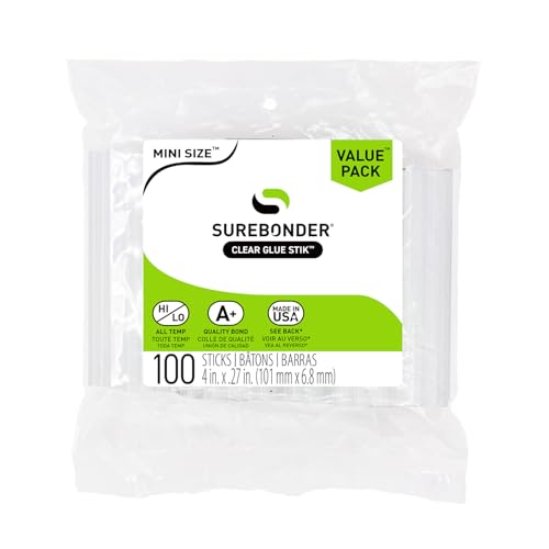 Surebonder DT-100 Made in the USA All Purpose Stik-Mini Glue Sticks-All Temperature-5/16"D, 4"L Hot Melt Glue Sticks-100 Sticks per bag, Clear