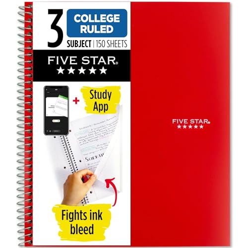 Five Star Wirebound Notebook, 3-Subject, 150 College-Ruled Sheets, 11 x 8.5 Inch Sheet Size, Red (72065)