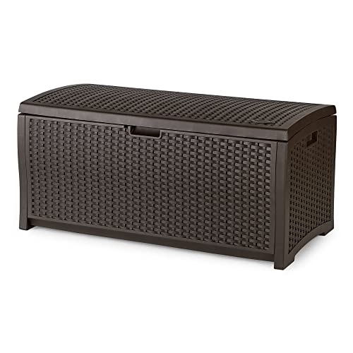 Suncast 73-Gallon Medium Deck Box - Lightweight Resin Indoor/Outdoor Storage Container and Seat for Patio Cushions and Gardening Tools - Store Items on Garage, Yard - Mocha Brown