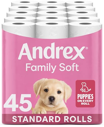Andrex Family Soft Toilet Tissue 45 Rolls (Previously Andrex Gentle Clean) Gentle on your Family’s skin– Bulk Pack of 45 Toilet Rolls, FSC Certified