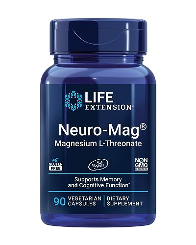 Life Extension Neuro-Mag Magnesium L-Threonate, Memory Health, Quick Thinking, Cognitive Health Support, Vegetarian, Non-GMO, 90 Vegetarian Capsules (144 mg from 2000 mg Magtein magnesium L-threonate