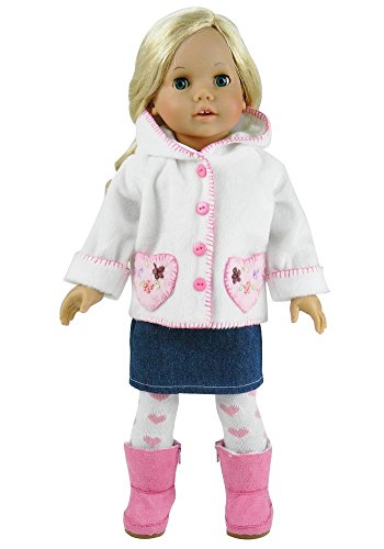 18 Inch Doll Outfit, Pink Heart Print Tights, Denim Skirt and Casual Hooded Coat Fits 18 Inch American Girl Dolls & More, 3 Piece Set of Doll Tights, Coat, & Denim Skirt