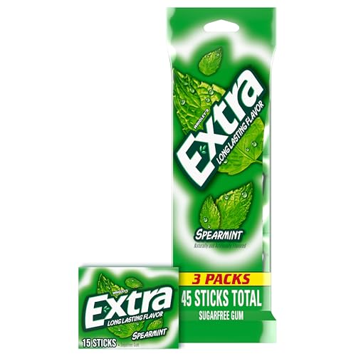EXTRA Spearmint Sugar Free Chewing Gum, Bulk Pack – 3 Packs (45 Pieces Total), Long-Lasting Flavor, Fresh Breath, Individually Wrapped, Perfect for Office, Travel, School, and On-the-Go