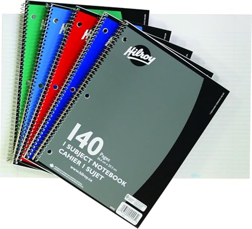 Hilroy 1-Subject Coil Notebook, 8" x 10.5", Wide Ruled, 3-Hole Punched, 140 Pages/70 Sheets, 1 Notebook, Colour May Vary (05553)