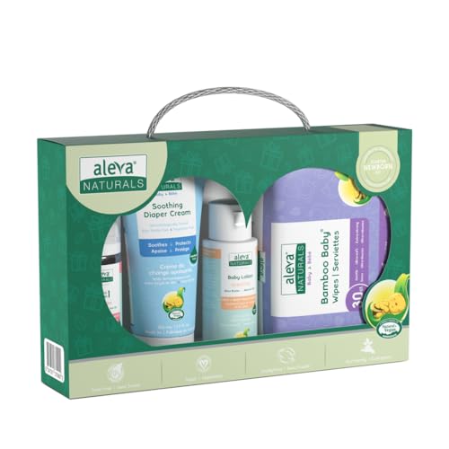 Aleva Naturals Newborn Starter Kit for Baby - Set of Wipes, 2 in 1 Shampoo & Body Wash, Soothing Diaper Cream, Baby Lotion- Toxin Free, Vegan, Sensitive Skin Friendly - 4 Piece Travel Set