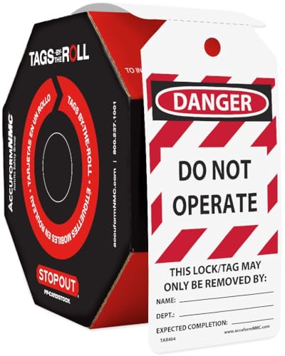 Accuform Signs TAR404 Tags By-The-Roll Lockout Tags, Legend DANGER DO NOT OPERATE EQUIPMENT LOCKED OUT BY, 6. 25 Length x 3 Width x 0. 010 Thickness, PF-Cardstock, Red/Black on White (Roll of 100)