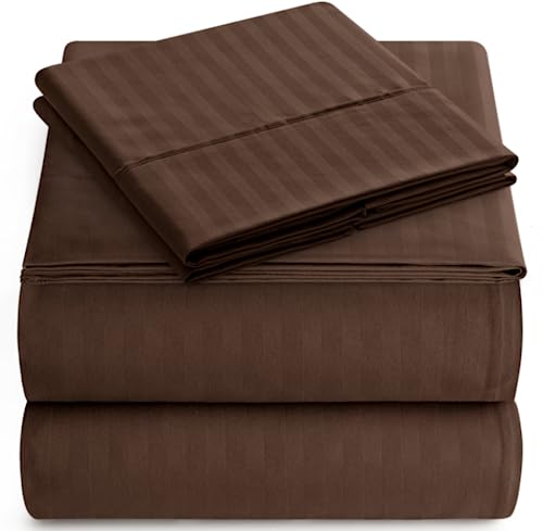 Queen Italian Prestige Collection Striped Bed Sheet Set – 1800 Luxury Soft Microfiber Deep Pocket 4-Piece Bedding Set - Wrinkle, Stain, Fade Resistant - Chocolate
