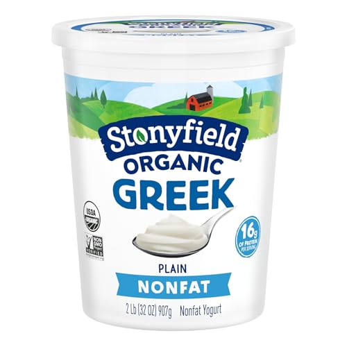 Stonyfield Organic Greek Nonfat Yogurt, Plain, 32 oz. – High in Protein (16g), 0% Fat; Multiserving Yogurt Snack & Cooking Substitute