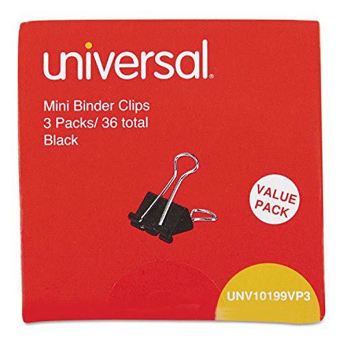 Universal 10199VP3 Mini Binder Clips, 1/4" Capacity, 5/8" Wide, Black, 36/Box