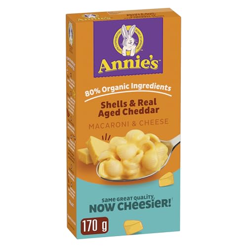 ANNIE'S - MACARONI AND CHEESE Shells and Real Aged Cheddar, No Artificial Flavours or Synthetic Colours, Contains Real Cheese and Milk Ingredients, 80% Organic Ingredients, 170 Grams Package