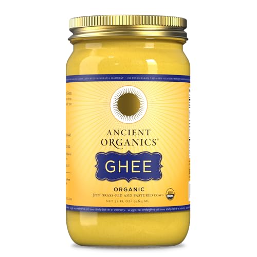 Ancient Organics Ghee, Organic Grass Fed Ghee Butter - Gluten Free Ghee, Clarified Butter, Vitamins & Omegas, Lactose Free, 100% Certified Organic, Kosher, USDA Certified - 32 Fl Oz (Pack of 1)