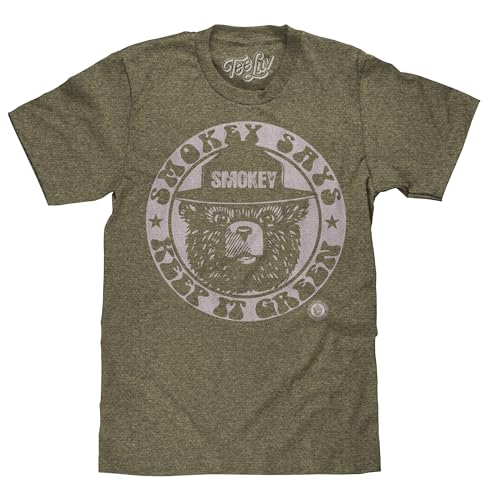 Tee Luv Men's Smokey Bear T-Shirt - Retro Smokey Says Keep It Green Mascot Shirt, Forest Green Heather, L
