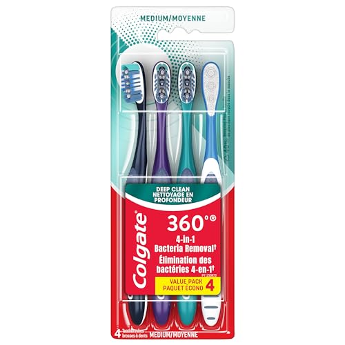 Colgate 360 Whole Mouth Clean , Medium Toothbrush for Adults, 4 Pack, Packaging May Vary