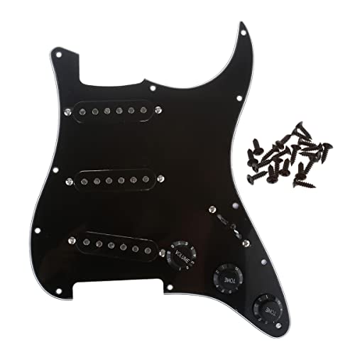 Musiclily 11 Trous SSS Loaded Pickguard Pre-Wired Pré-câblé Pickguard avec Micros Simple Bobinage pour Guitare électrique USA/Mexico Standard Fender Squier Strat, 3 plis Noir