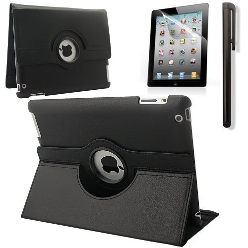 RUBAN 360 Degree Rotating Automatic Wake/Sleep Stand Case with Screen Protector for Apple iPad 2 / iPad 3 / iPad 4 - Black