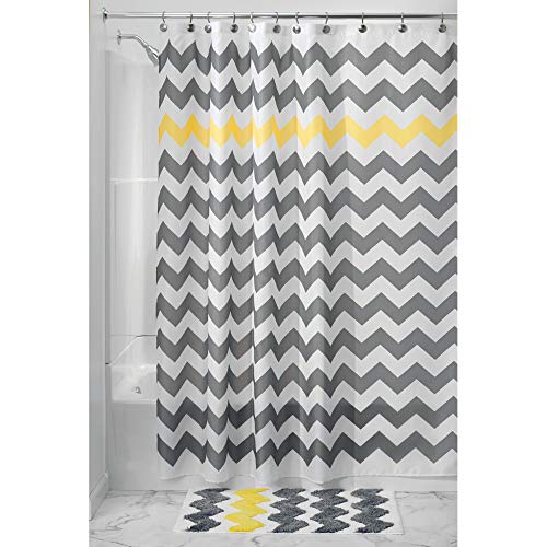 iDesign Chevron rideau de douche tissu, rideau douche en polyester facile entretien, rideau baignoire avec œillets renforcés, gris/jaune