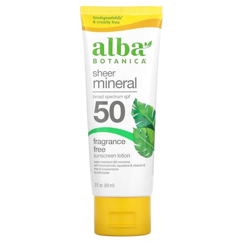 Alba Botanica Sheer Mineral Sunscreen Lotion, Broad Spectrum SPF 50, Fragrance Free, 3 fl oz (Packaging May Vary)