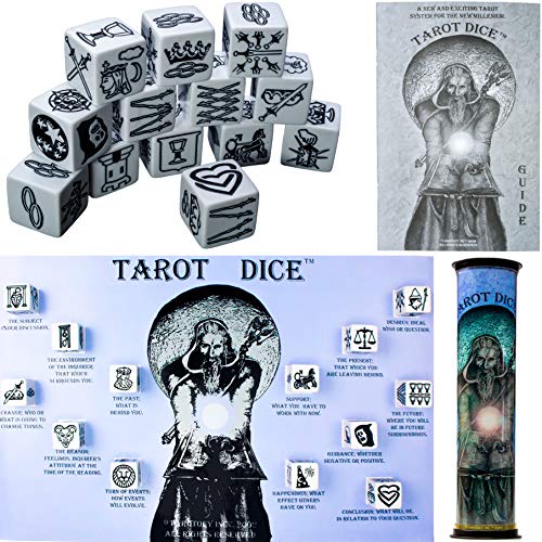 Finely Etched Tarot Dice Fortune Telling Game. 78 Precise Designs on 13 Heavyweight Dice With Guide, Carrying and Rolling Tube and Play Mat. Unique Occult Gift and Substitute For Psychic Card Reading